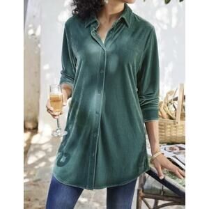 Soft Surroundings Womens Velvet Button Front Top XS Teal Green Stretch Colorful